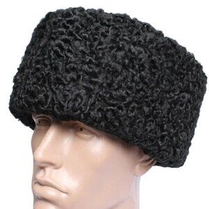 Vintage Unisex Russian Cossack Kubanka Hat Black Astrakhan Karakul Fur Wool